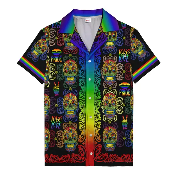 rainbow sugar skulls & pride symbols vibrant hawaiian shirt tropical hawaiian beach shirt