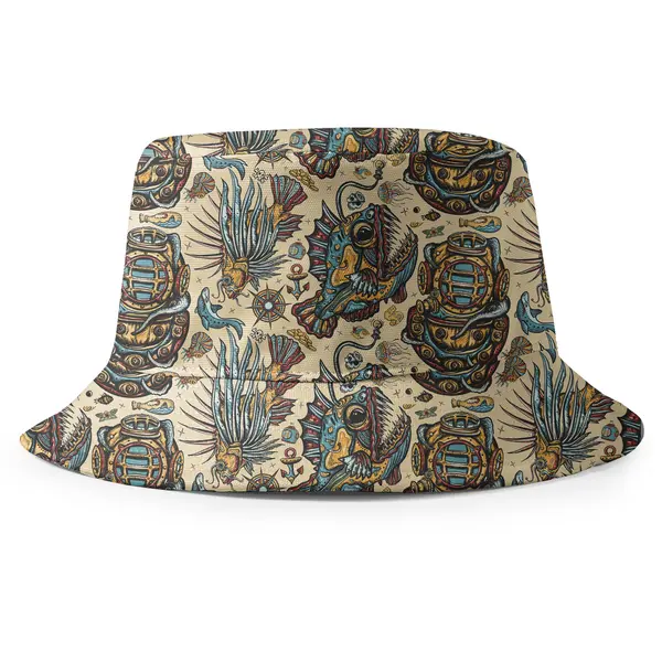steampunk diving helmets & vintage fish repeat pattern navy all over print bucket hat