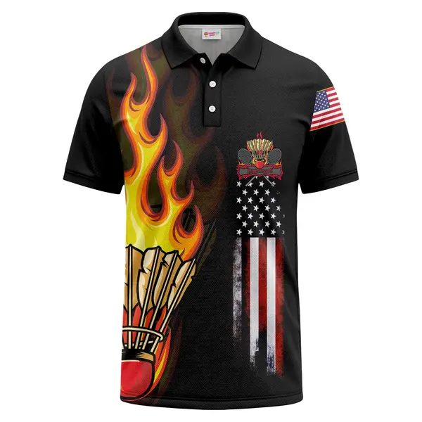 badminton shuttlecocks & rackets in american flag flames polo shirt for men
