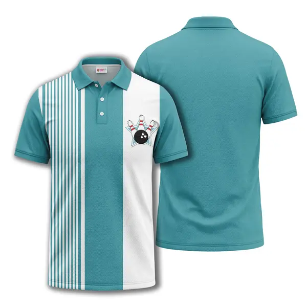 bowling ball & pins emblem with vertical teal stripes polo shirt for men