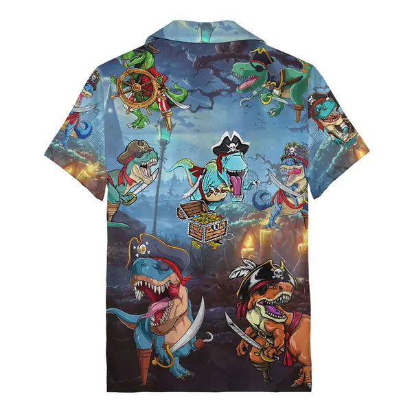 pirate dinosaurs with swords & treasure chests cartoon hawaiian shirt all over print aloha shirt