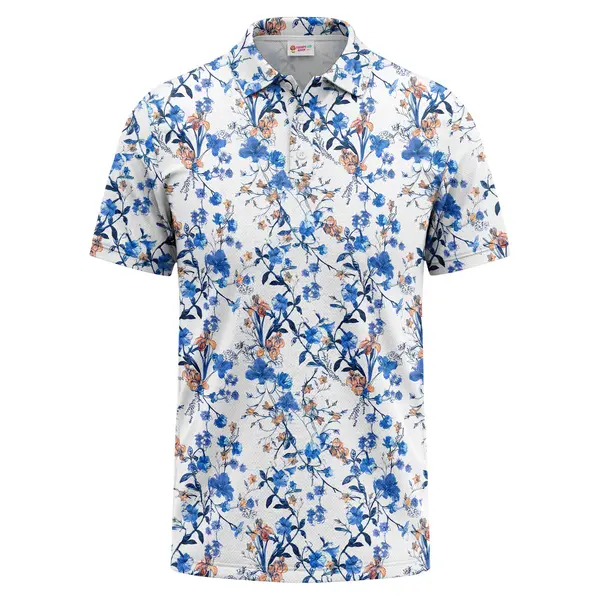 Watercolor Hibiscus Floral Tropical Leaves Navy Blue All Over Print Polo Shirt – front