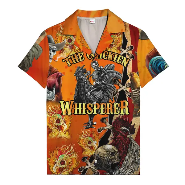 rooster skull & crossbones flames orange hawaiian shirt for men