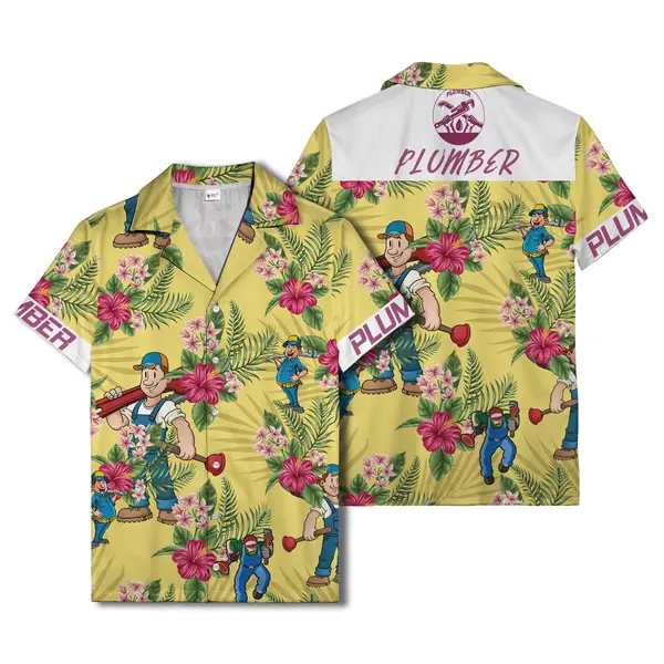 plumber cartoon characters vintage 1950s tropical flowers hawaiian shirt tropical hawaiian beach shi