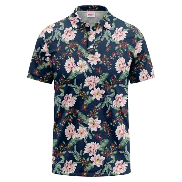 Watercolor Hibiscus Floral With Palm Leaves & Berries Polo Shirt For Men – front