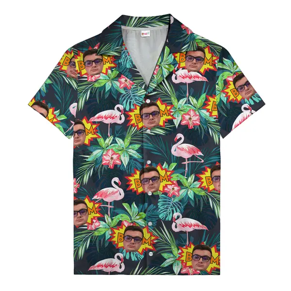 comic boom flamingos custom face hawaiian shirt navy blue coral pink aloha button down shirt