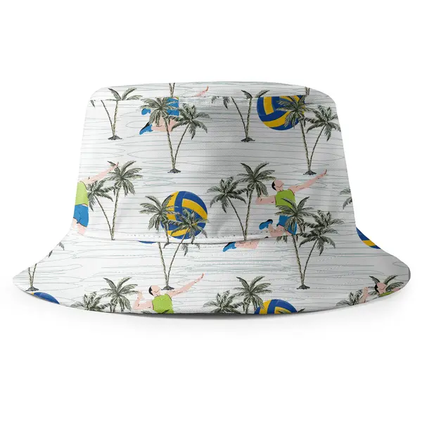 beach volleyball players & palm trees illustrated cartoon all over print bucket hat