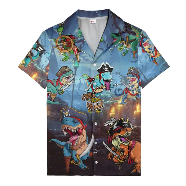 pirate dinosaurs with swords & treasure chests cartoon hawaiian shirt all over print aloha shirt
