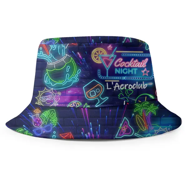 neon sign style cocktail glasses palm trees monstera leaves fisherman style bucket hat