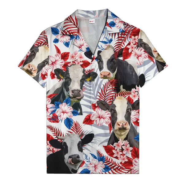 holstein cows & hibiscus floral collage hawaiian shirt for men