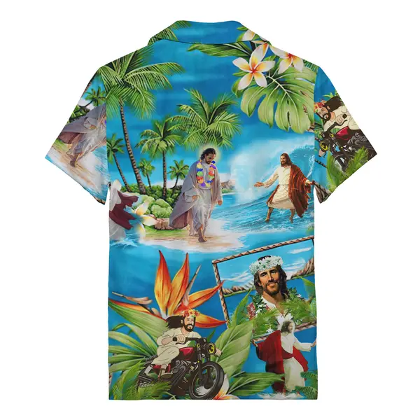 jesus riding motorcycle cartoon beach scene hawaiian shirt men's hawaiian camp shirt