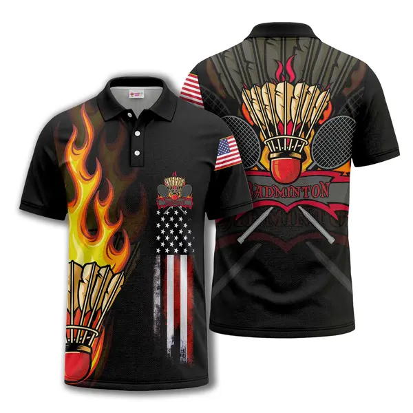 badminton shuttlecocks & rackets in american flag flames polo shirt for men