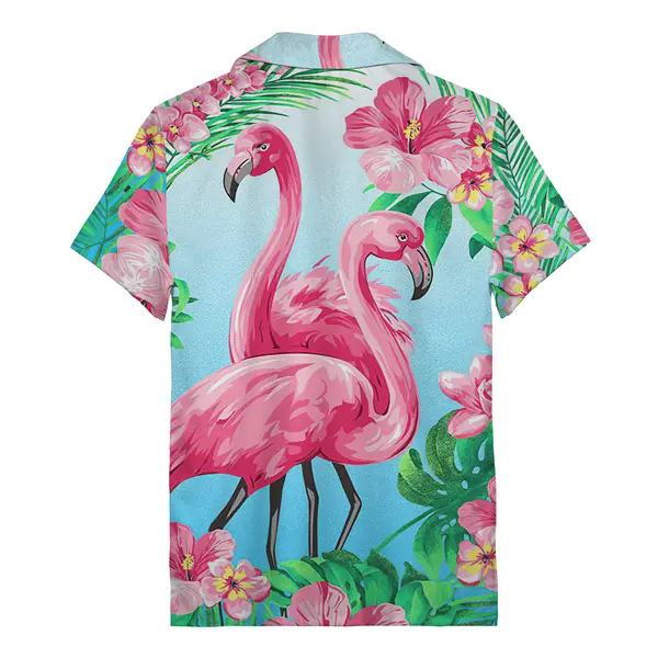 pink flamingos & hibiscus watercolor tropical floral hawaiian shirt for men
