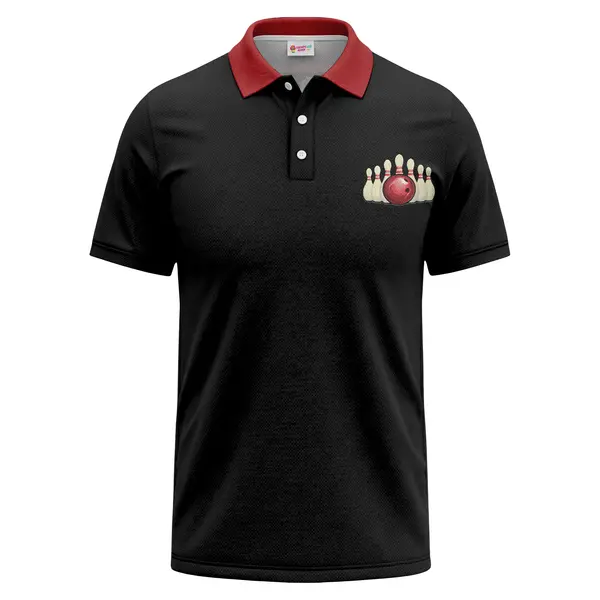 bowling ball smashing red pins strike graphic polo shirt custom printed golf polo