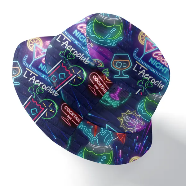neon sign style cocktail glasses palm trees monstera leaves fisherman style bucket hat