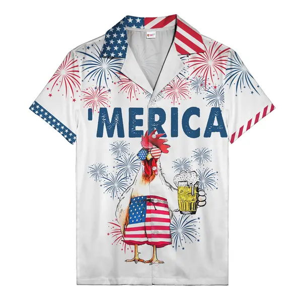patriotic rooster american flag shorts fireworks beer mug cartoon hawaiian shirt tropical hawaiian b