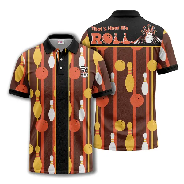 vintage cartoon bowling balls & pins striped pattern casual button polo shirt