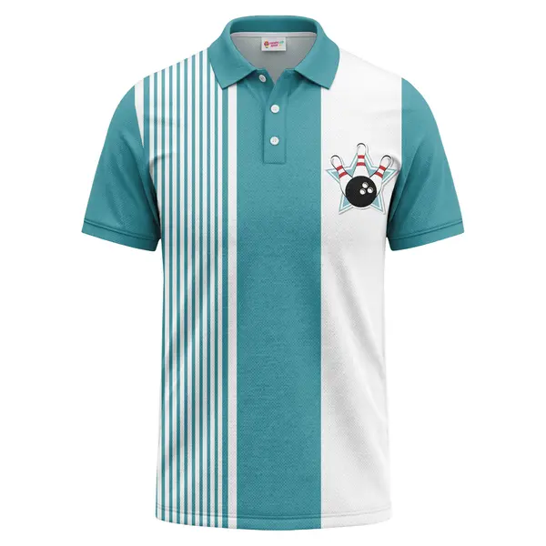 bowling ball & pins emblem with vertical teal stripes polo shirt for men