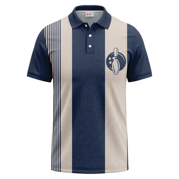 bowling ball & pin vertical stripes navy blue classic men's polo shirt