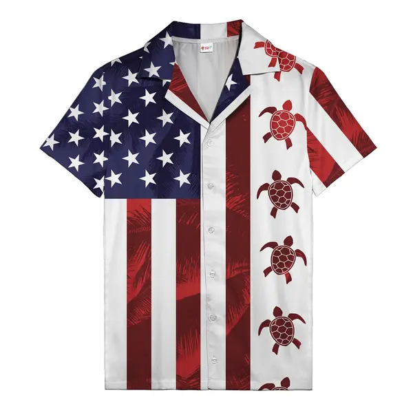 stars & stripes sea turtle patriotic us flag men's hawaiian camp shirt hawaiian shirt