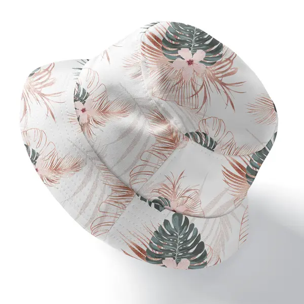 watercolor hibiscus monstera palm frond tropical floral fisherman style bucket hat