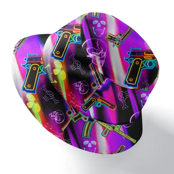 neon guns and skulls repeat pattern bucket hat for men