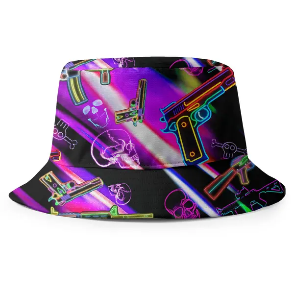 neon guns and skulls repeat pattern bucket hat for men