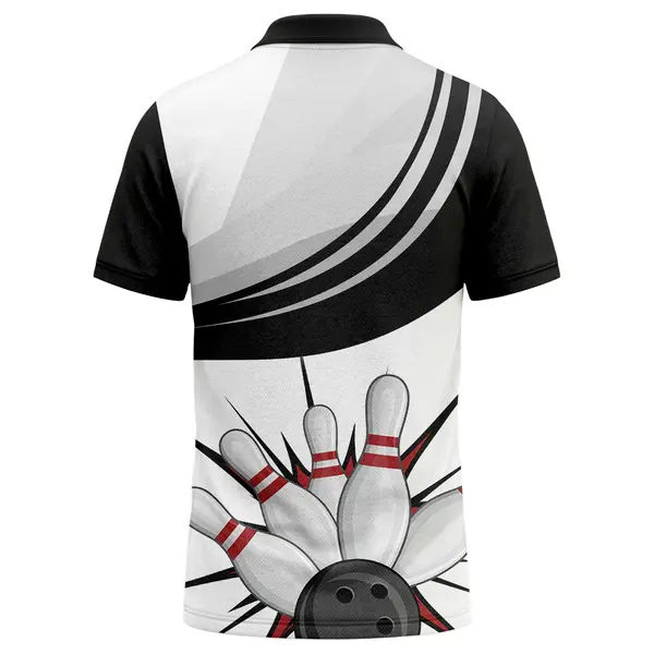 bowling ball striking pins dynamic action graphic polo shirt, diagonal stripe custom printed golf po