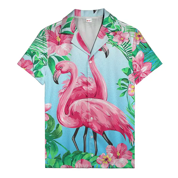 pink flamingos & hibiscus watercolor tropical floral hawaiian shirt for men