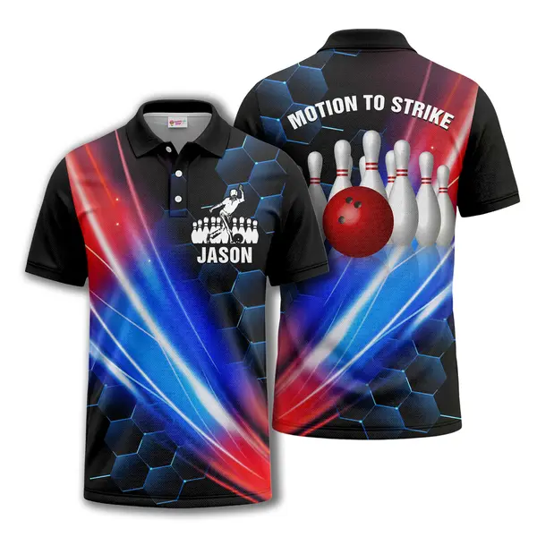 bowling ball crashing pins custom name navy electric red hexagon light streaks all over print polo s polo shirt