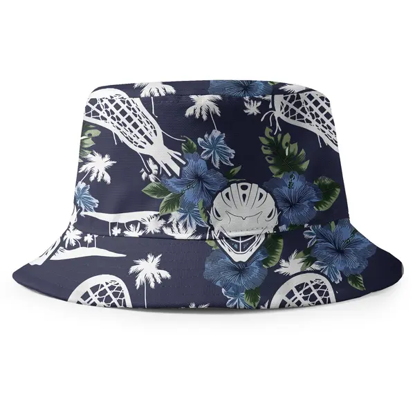 lacrosse helmet & stick watercolor floral navy blue reversible bucket hat