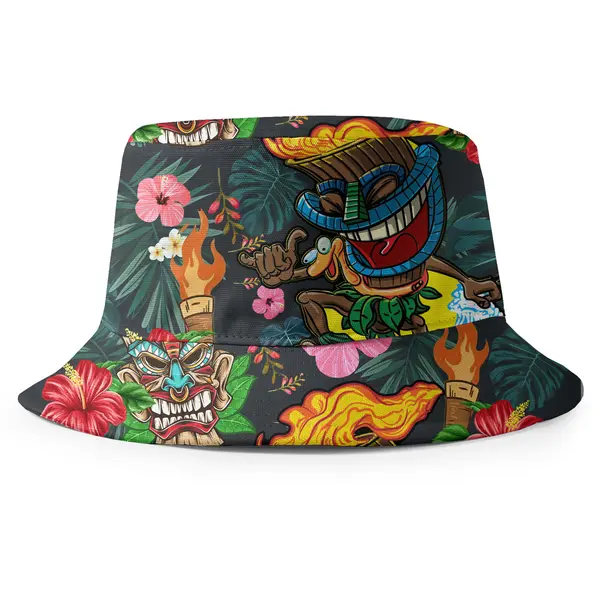 vintage tiki mask hibiscus surfboard flame all over print bucket hat
