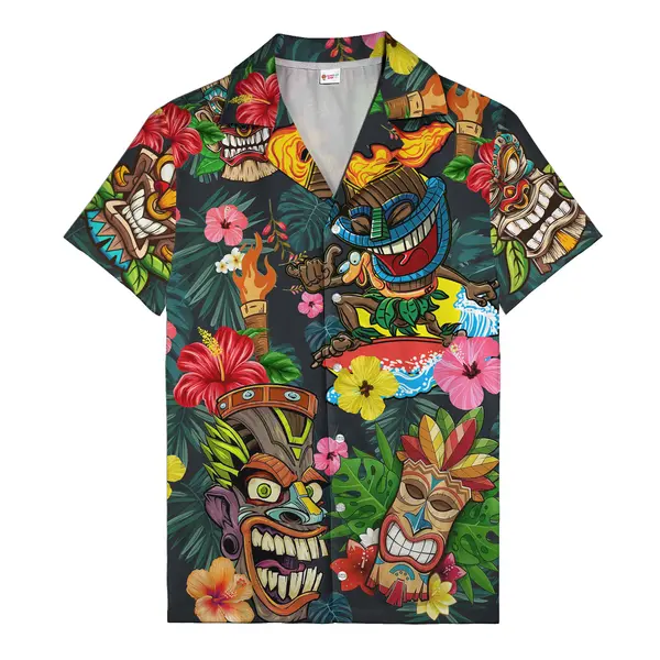tiki masks & hibiscus flowers vibrant tropical hawaiian shirt aloha button down shirt