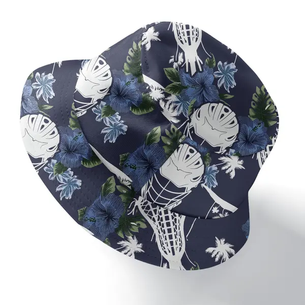 lacrosse helmet & stick watercolor floral navy blue reversible bucket hat