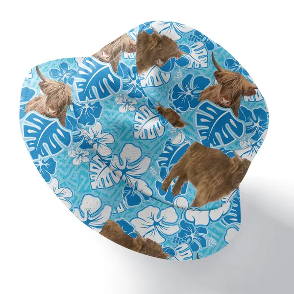 highland cow blue hibiscus floral repeat pattern bucket hat for women