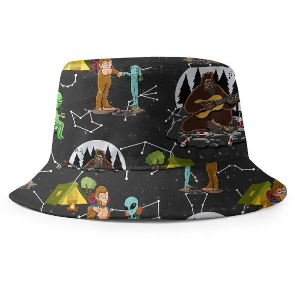 sasquatch & alien campfire jam under constellation stars reversible bucket hat