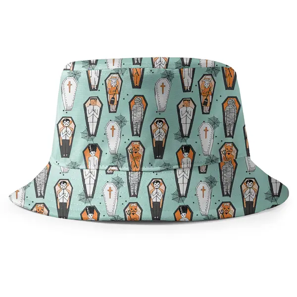 vampires mummies devils coffins spiders pattern bucket hat for women