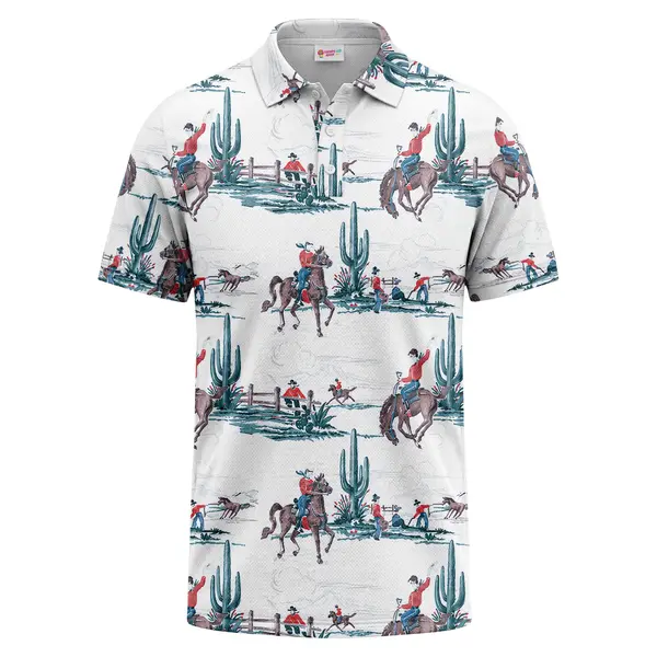 Vintage Illustrated Cowboys Horses Cacti Ranch Scene Repeat Pattern Polo Shirt For Men – front